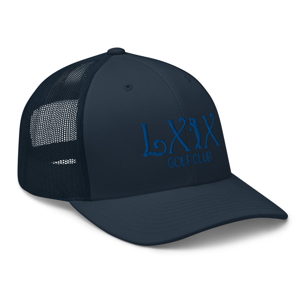 Curve Logo Trucker Hat — Mesh-Back Snapback Cap (Blue Logo)