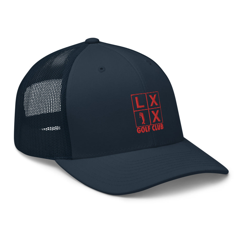 Four Box Logo Trucker Hat — Mesh-Back Snapback Cap (Red Logo)