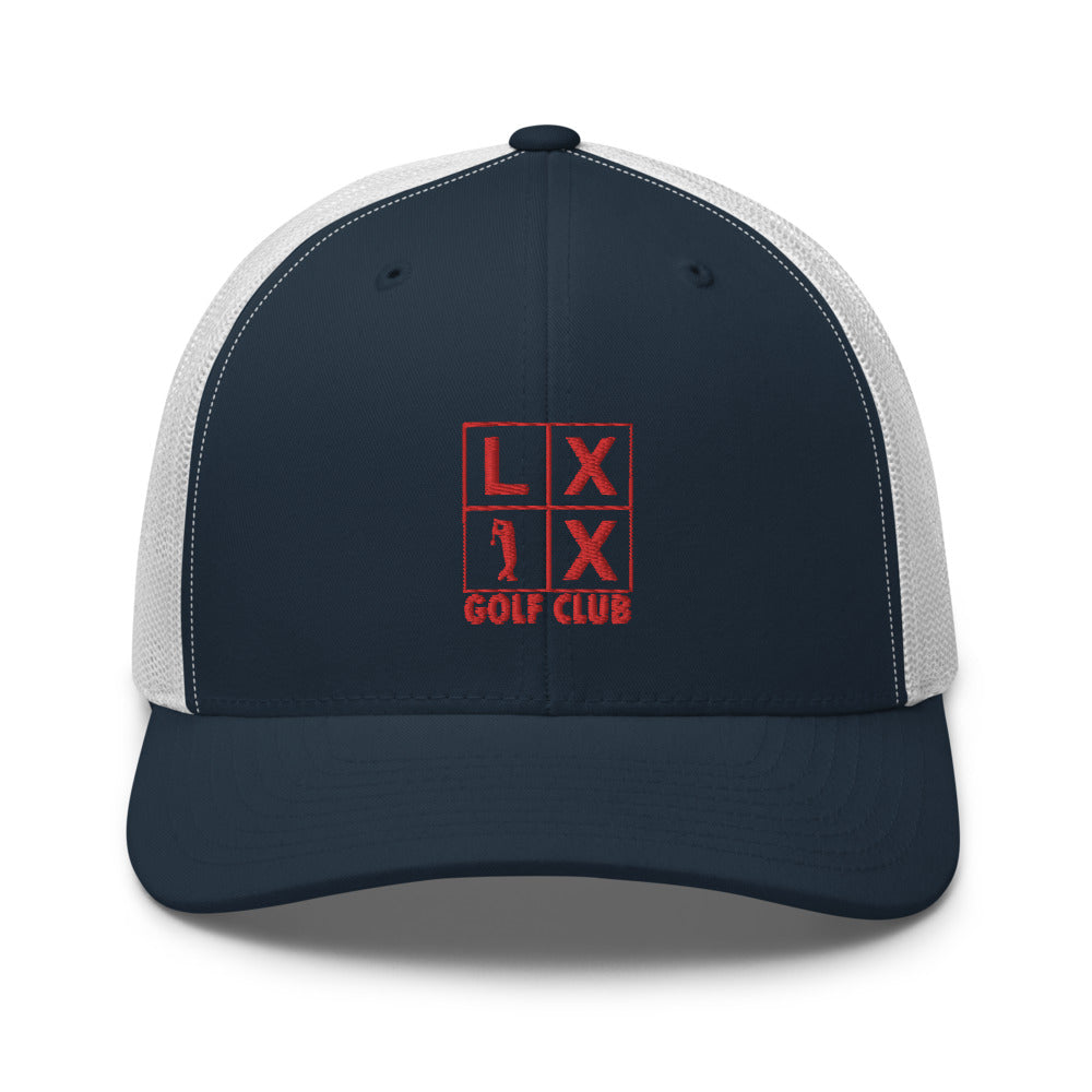 Four Box Logo Trucker Hat — Mesh-Back Snapback Cap (Red Logo)