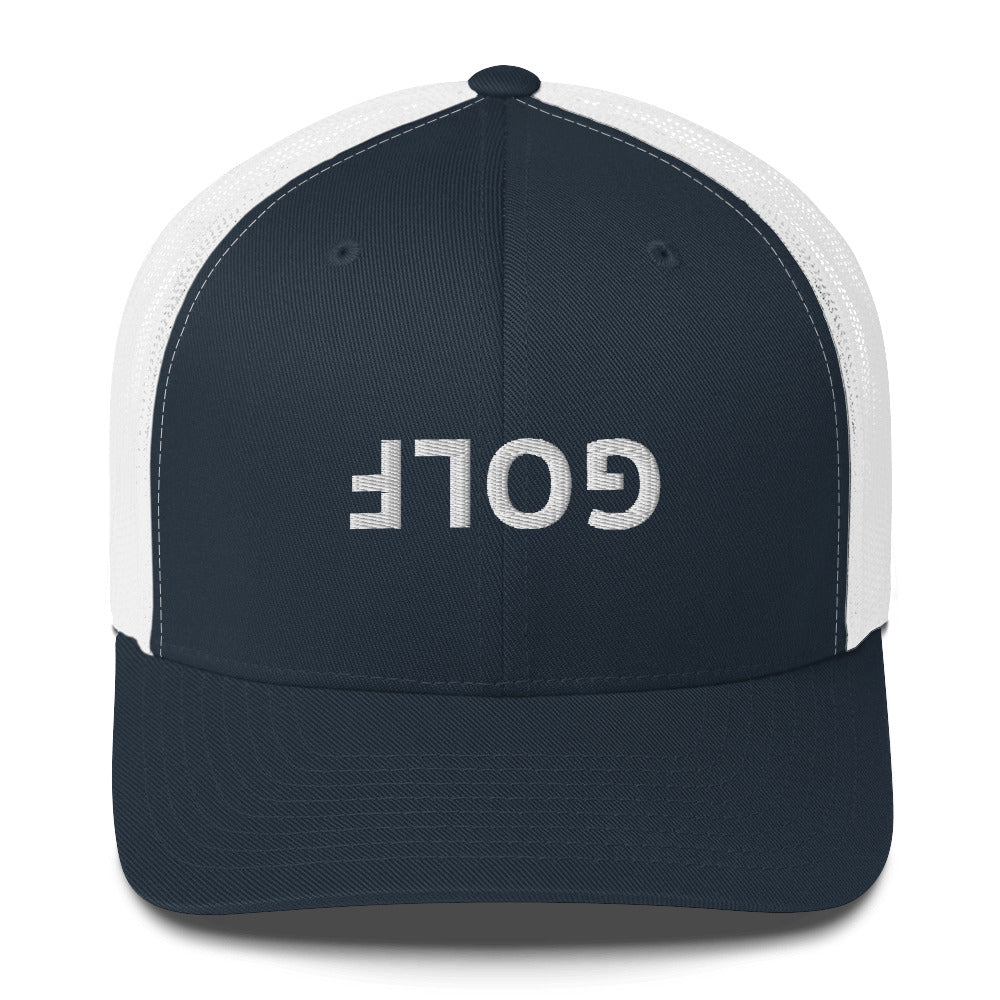 Upside Down Golf Trucker Hat — White Logo Snapback Cap
