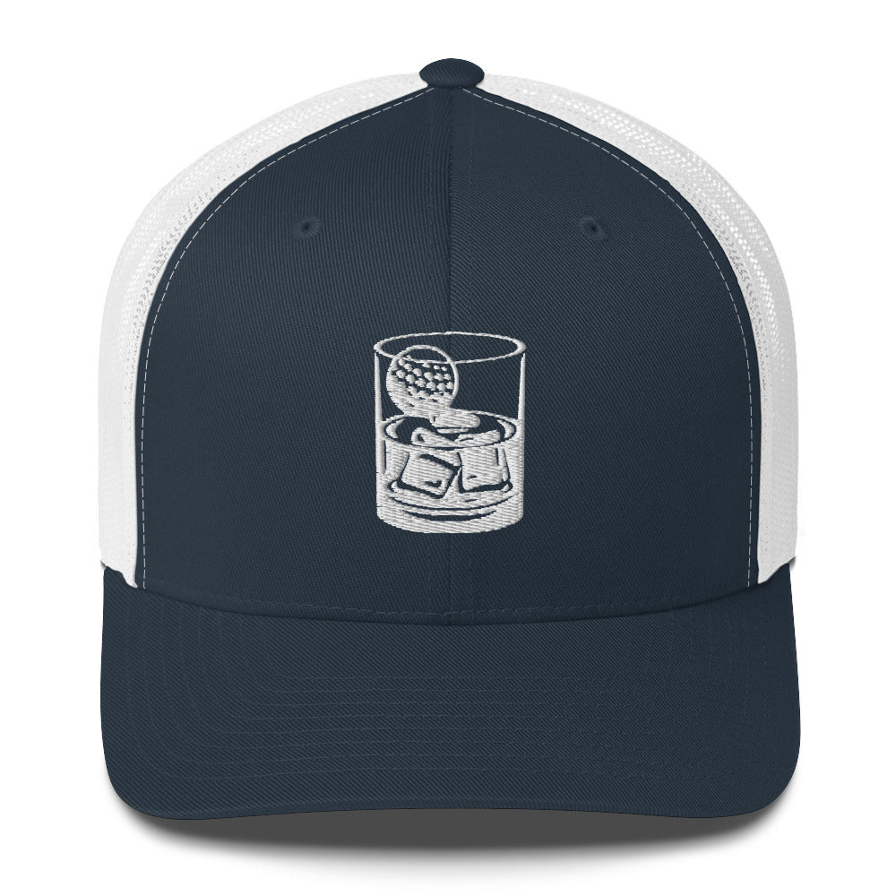 Whiskey Glass Trucker Hat — Funny Golf Snapback Cap