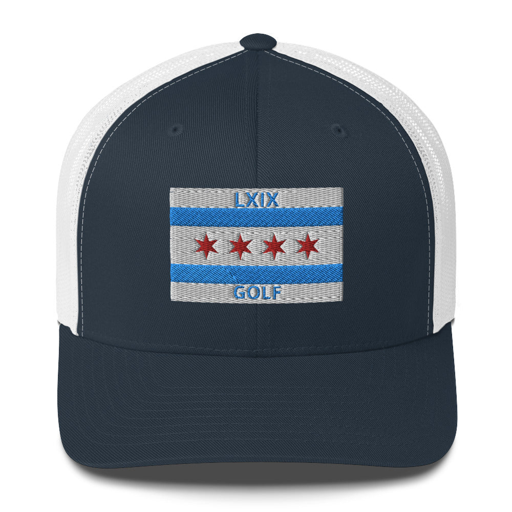 Chicago Flag Golf Trucker Hat — Mesh-Back Snapback Cap