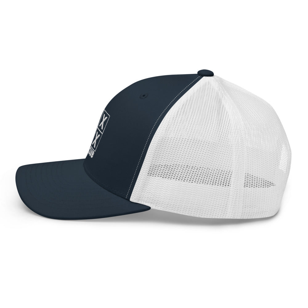 Four Box Logo Trucker Hat — Mesh-Back Snapback Cap (White Logo)