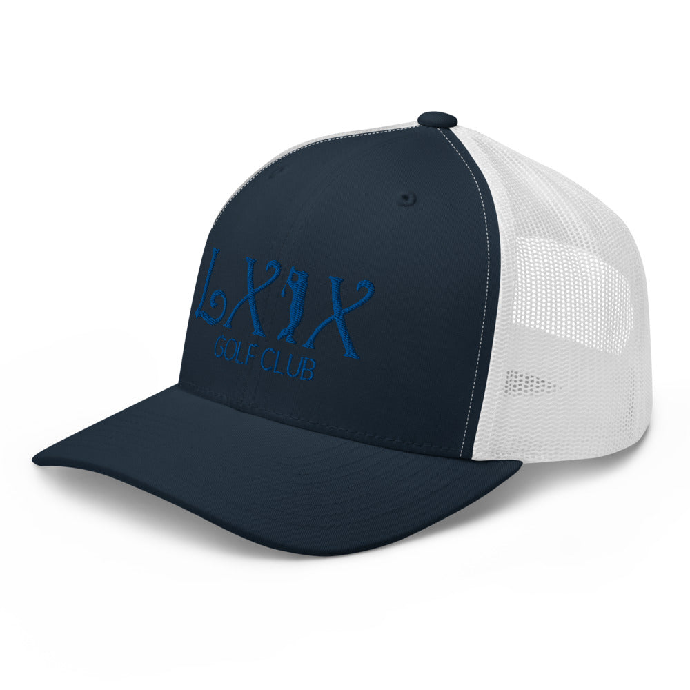 Curve Logo Trucker Hat — Mesh-Back Snapback Cap (Blue Logo)
