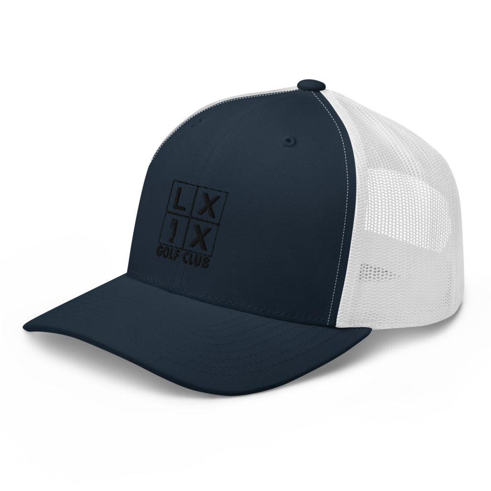 Four Box Logo Trucker Hat — Mesh-Back Snapback Cap (Black Logo)
