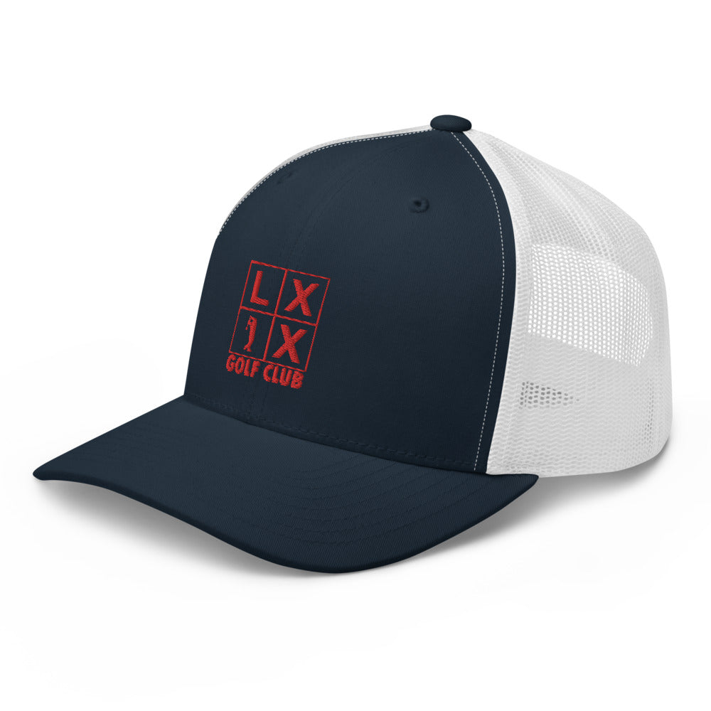 Four Box Logo Trucker Hat — Mesh-Back Snapback Cap (Red Logo)
