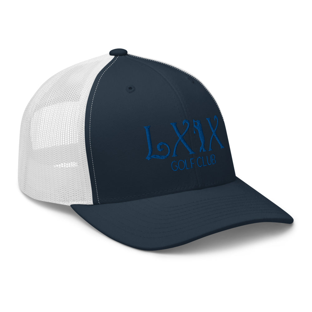 Curve Logo Trucker Hat — Mesh-Back Snapback Cap (Blue Logo)