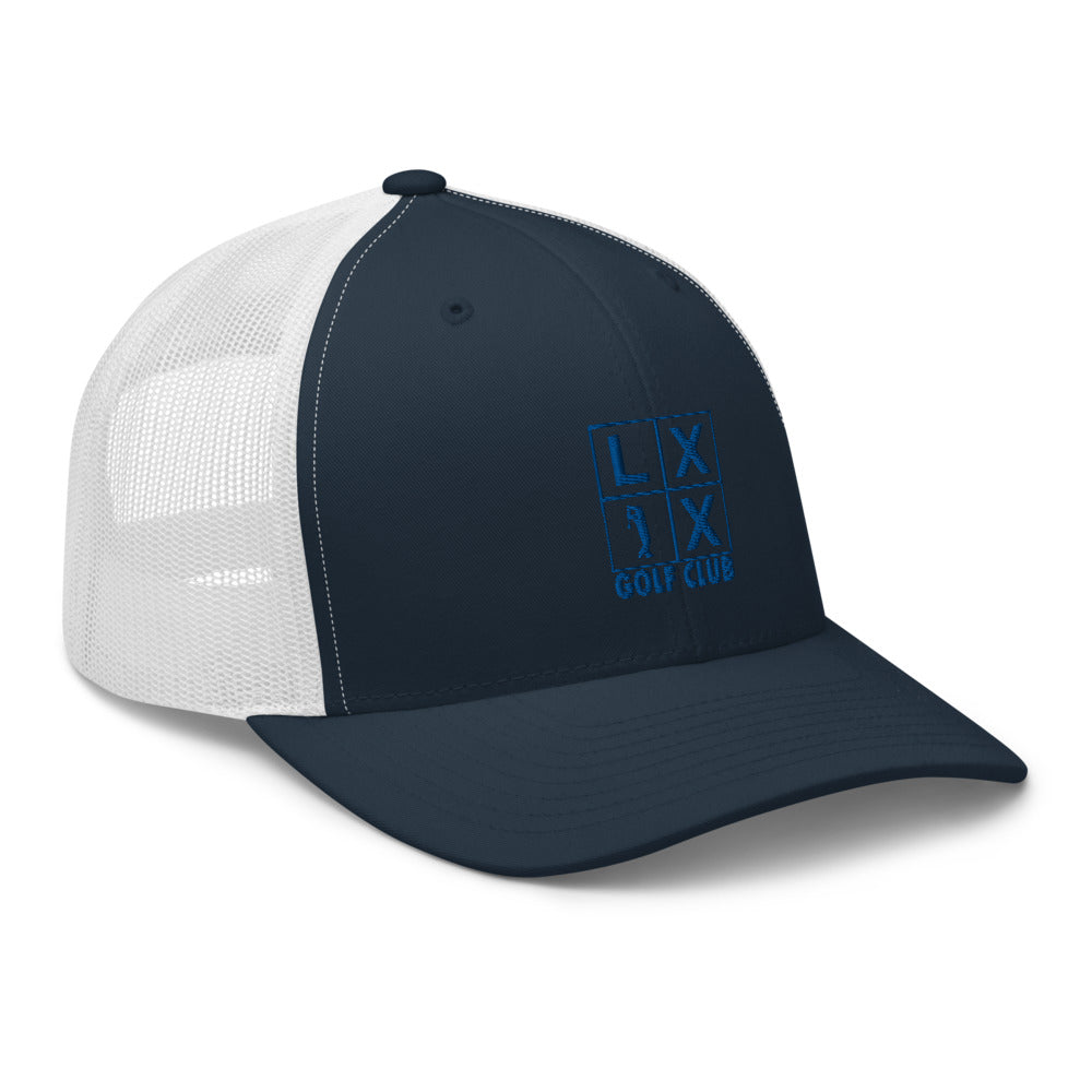 Four Box Logo Trucker Hat — Mesh-Back Snapback Cap (Blue Logo)