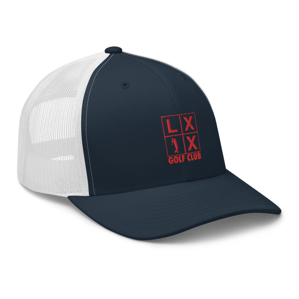 Four Box Logo Trucker Hat — Mesh-Back Snapback Cap (Red Logo)