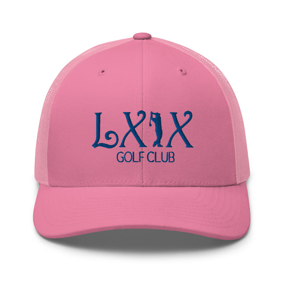 Curve Logo Trucker Hat — Mesh-Back Snapback Cap (Blue Logo)