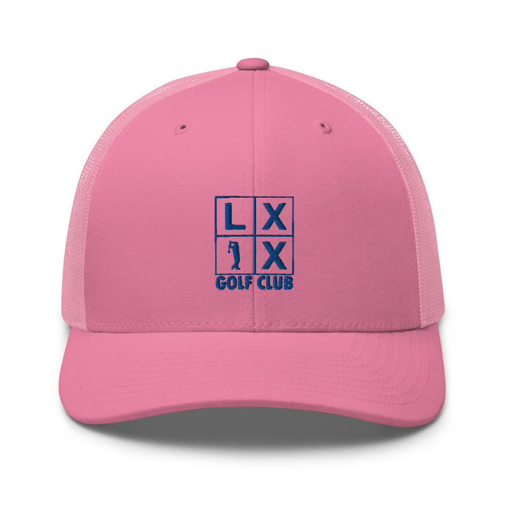 Four Box Logo Trucker Hat — Mesh-Back Snapback Cap (Blue Logo)
