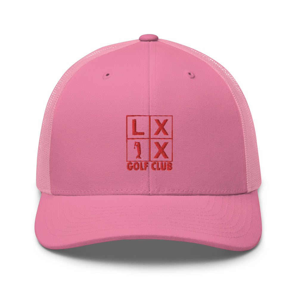 Four Box Logo Trucker Hat — Mesh-Back Snapback Cap (Red Logo)