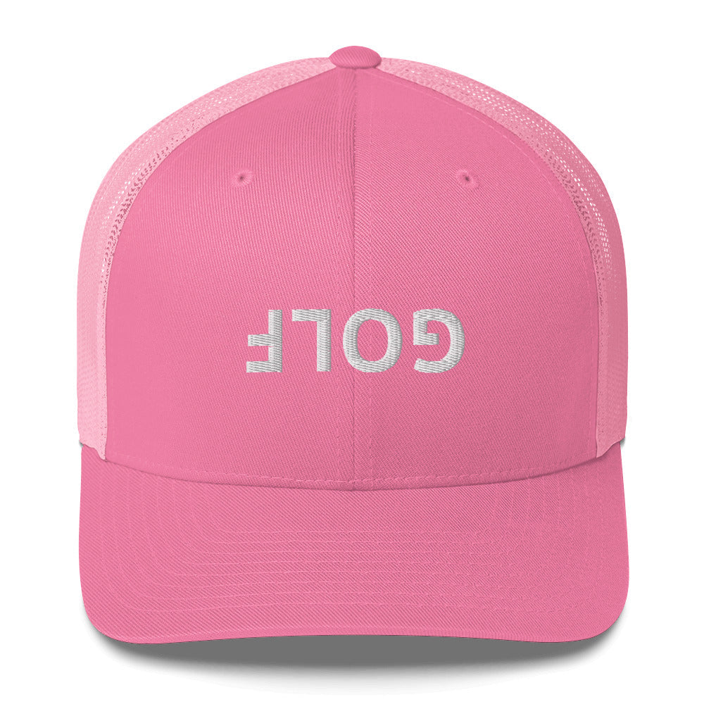 Upside Down Golf Trucker Hat — White Logo Snapback Cap