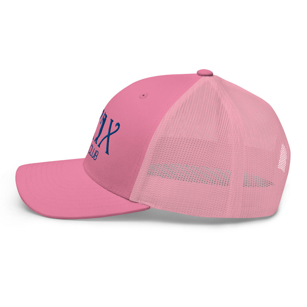 Curve Logo Trucker Hat — Mesh-Back Snapback Cap (Blue Logo)