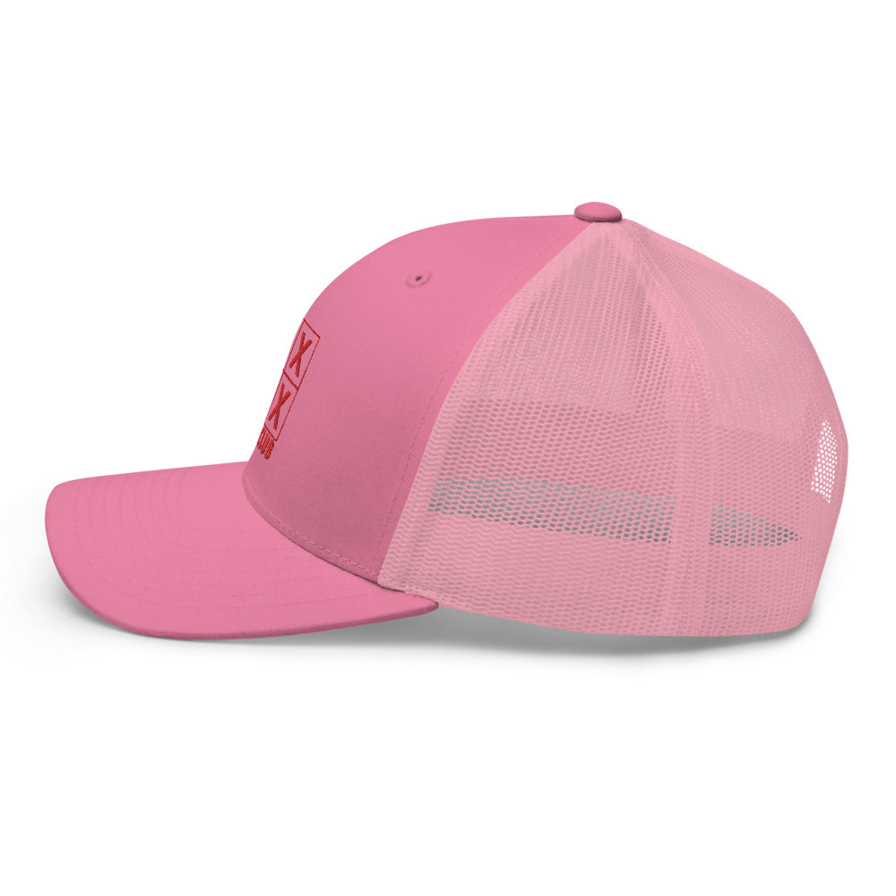 Four Box Logo Trucker Hat — Mesh-Back Snapback Cap (Red Logo)