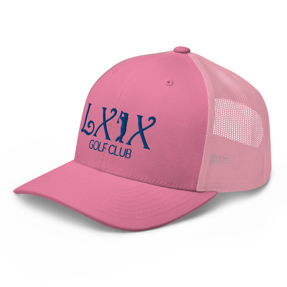 Curve Logo Trucker Hat — Mesh-Back Snapback Cap (Blue Logo)