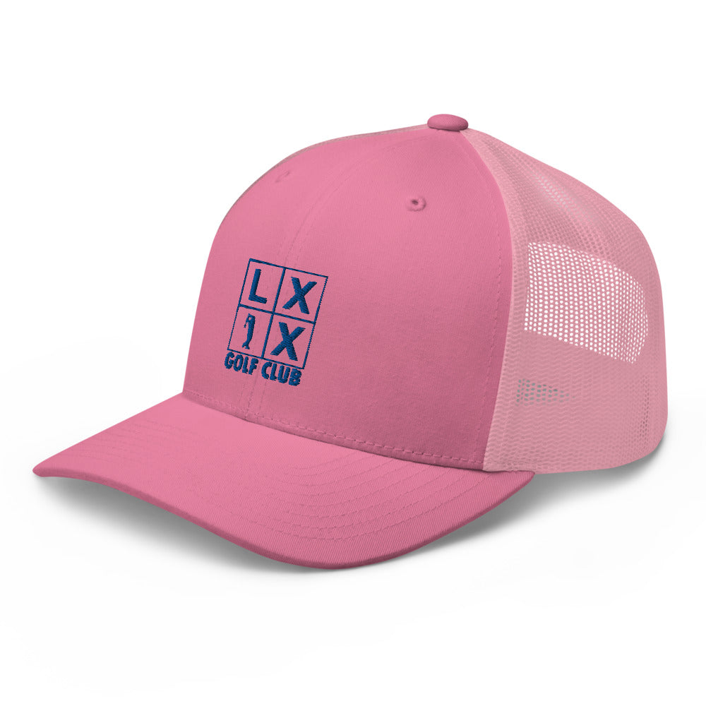 Four Box Logo Trucker Hat — Mesh-Back Snapback Cap (Blue Logo)