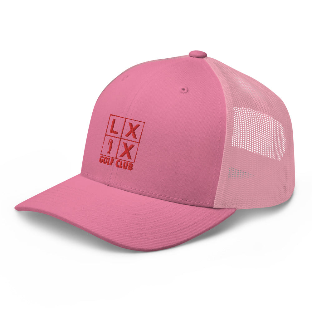 Four Box Logo Trucker Hat — Mesh-Back Snapback Cap (Red Logo)