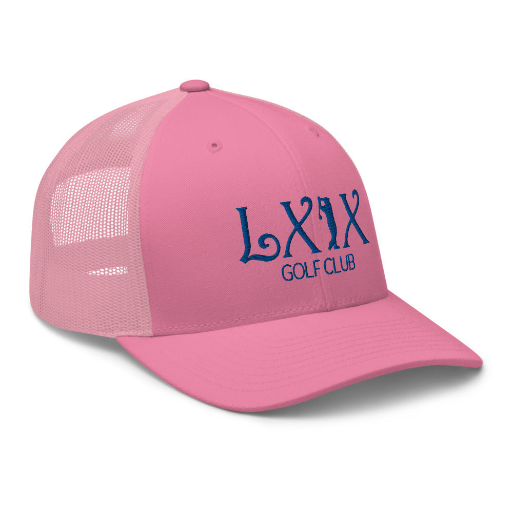 Curve Logo Trucker Hat — Mesh-Back Snapback Cap (Blue Logo)