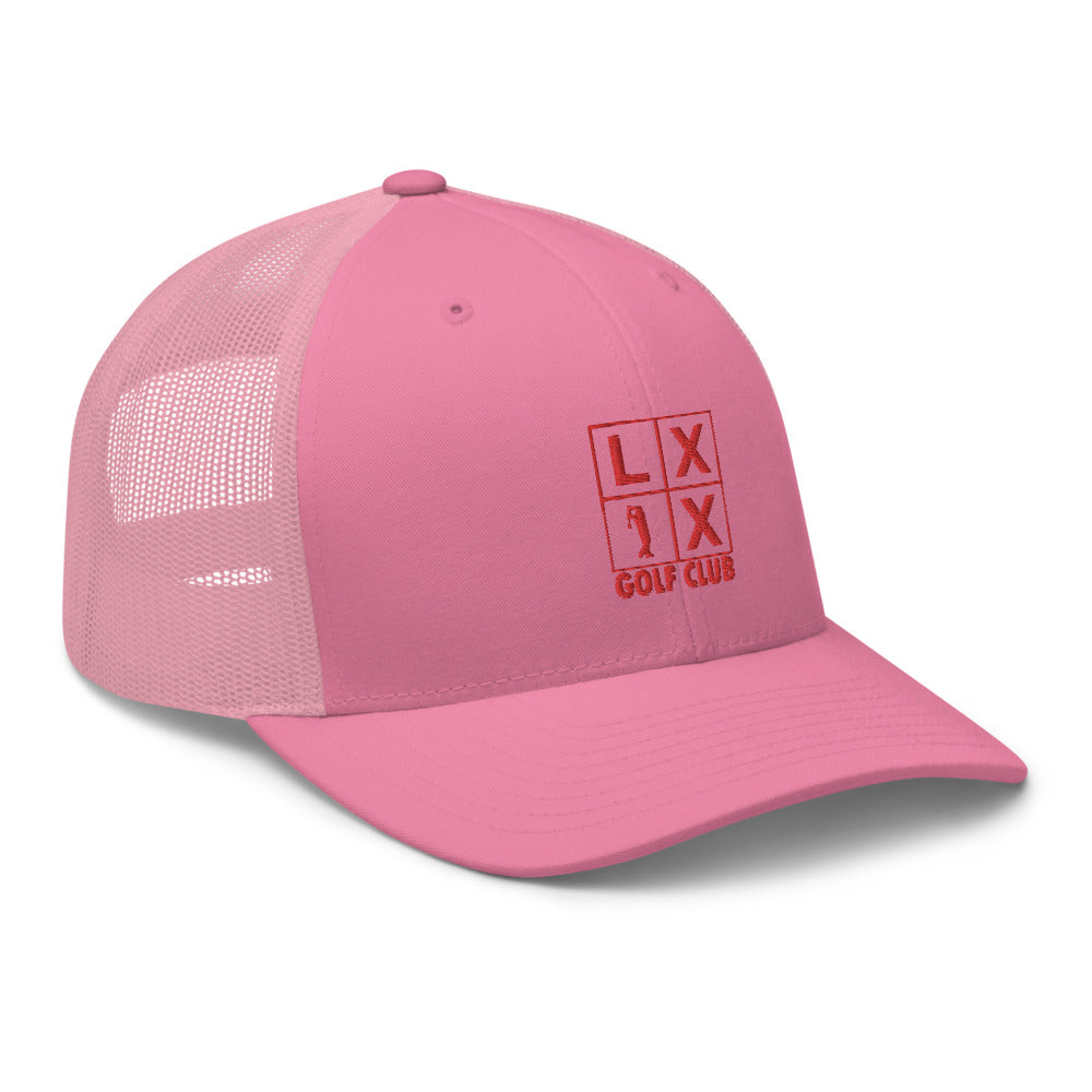Four Box Logo Trucker Hat — Mesh-Back Snapback Cap (Red Logo)