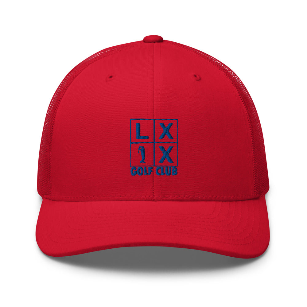 Four Box Logo Trucker Hat — Mesh-Back Snapback Cap (Blue Logo)