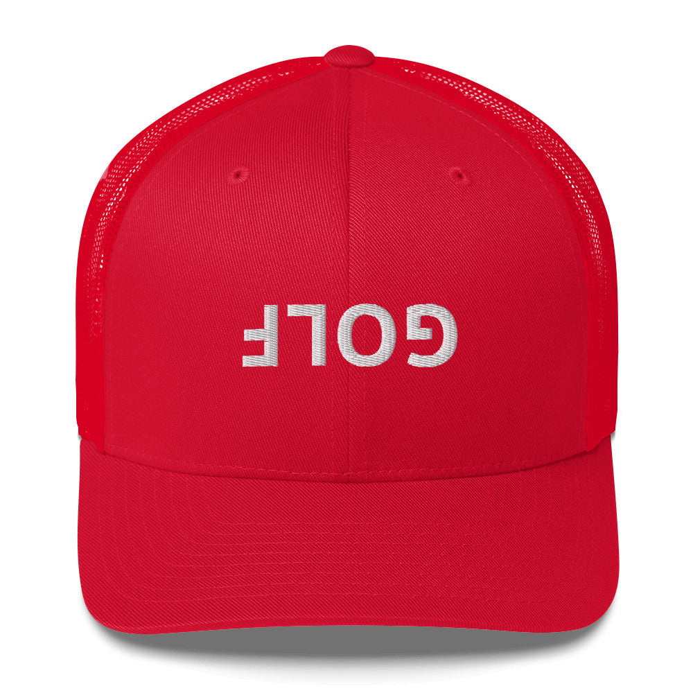 Upside Down Golf Trucker Hat — White Logo Snapback Cap