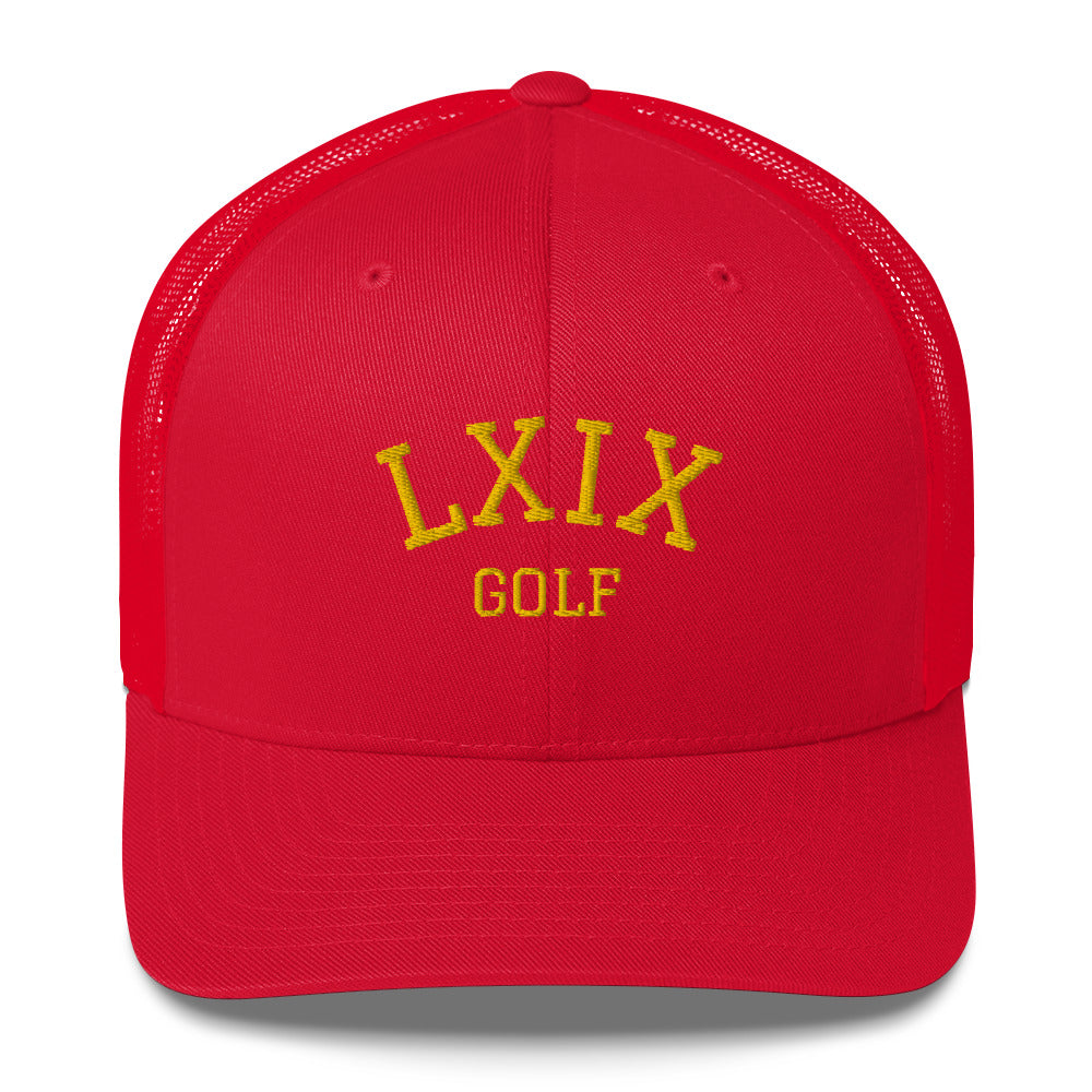 LXIX Collegiate Arch Trucker Hat — Mesh-Back Snapback Cap