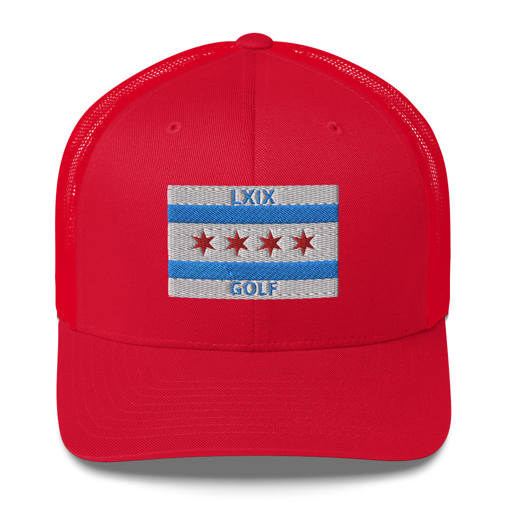 Chicago Flag Golf Trucker Hat — Mesh-Back Snapback Cap