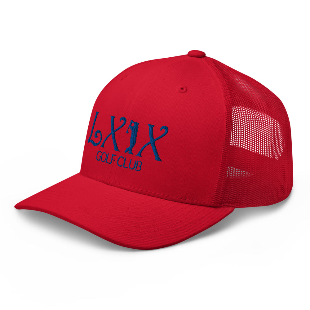 Curve Logo Trucker Hat — Mesh-Back Snapback Cap (Blue Logo)