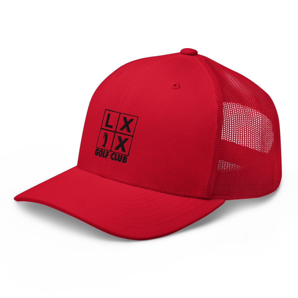 Four Box Logo Trucker Hat — Mesh-Back Snapback Cap (Black Logo)