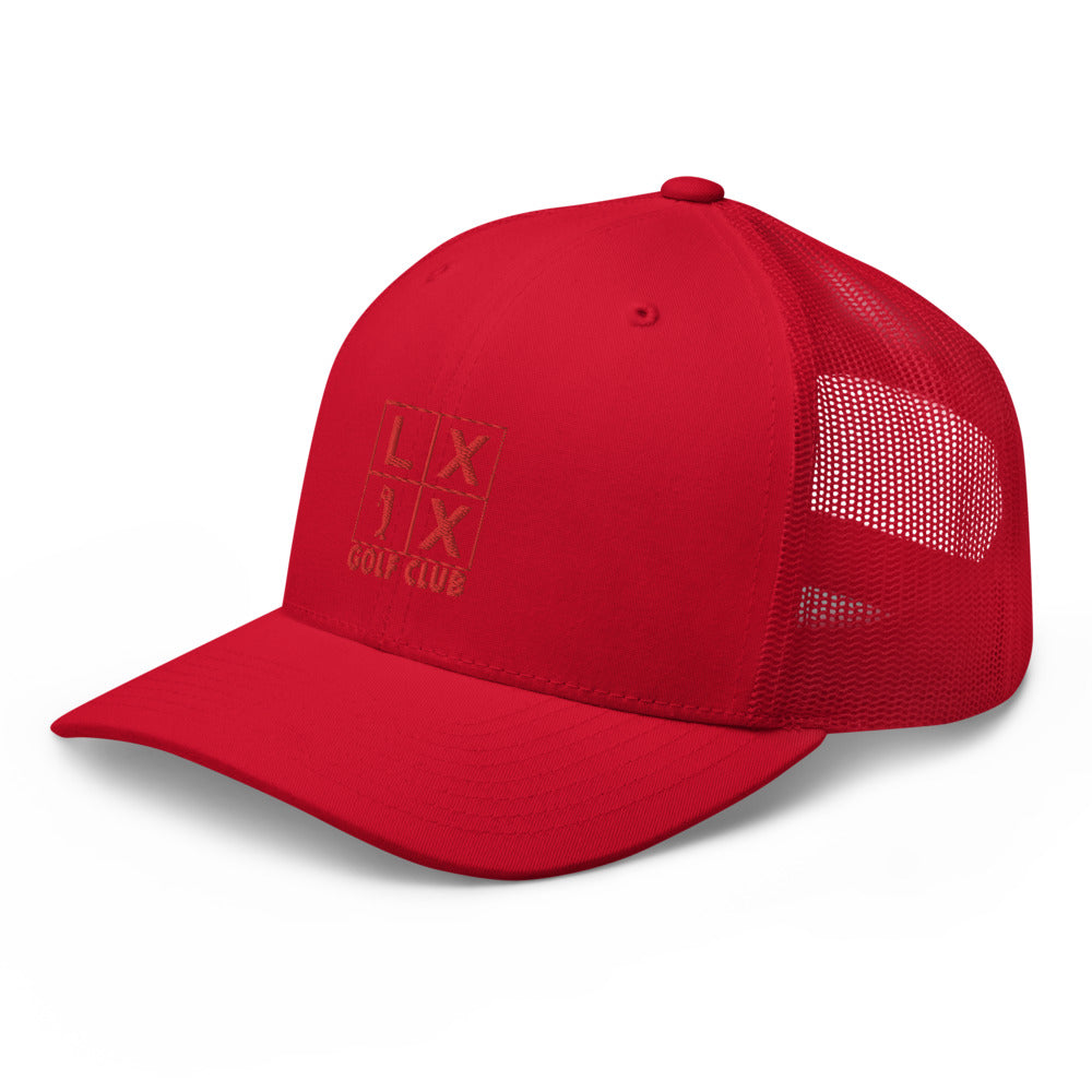 Four Box Logo Trucker Hat — Mesh-Back Snapback Cap (Red Logo)