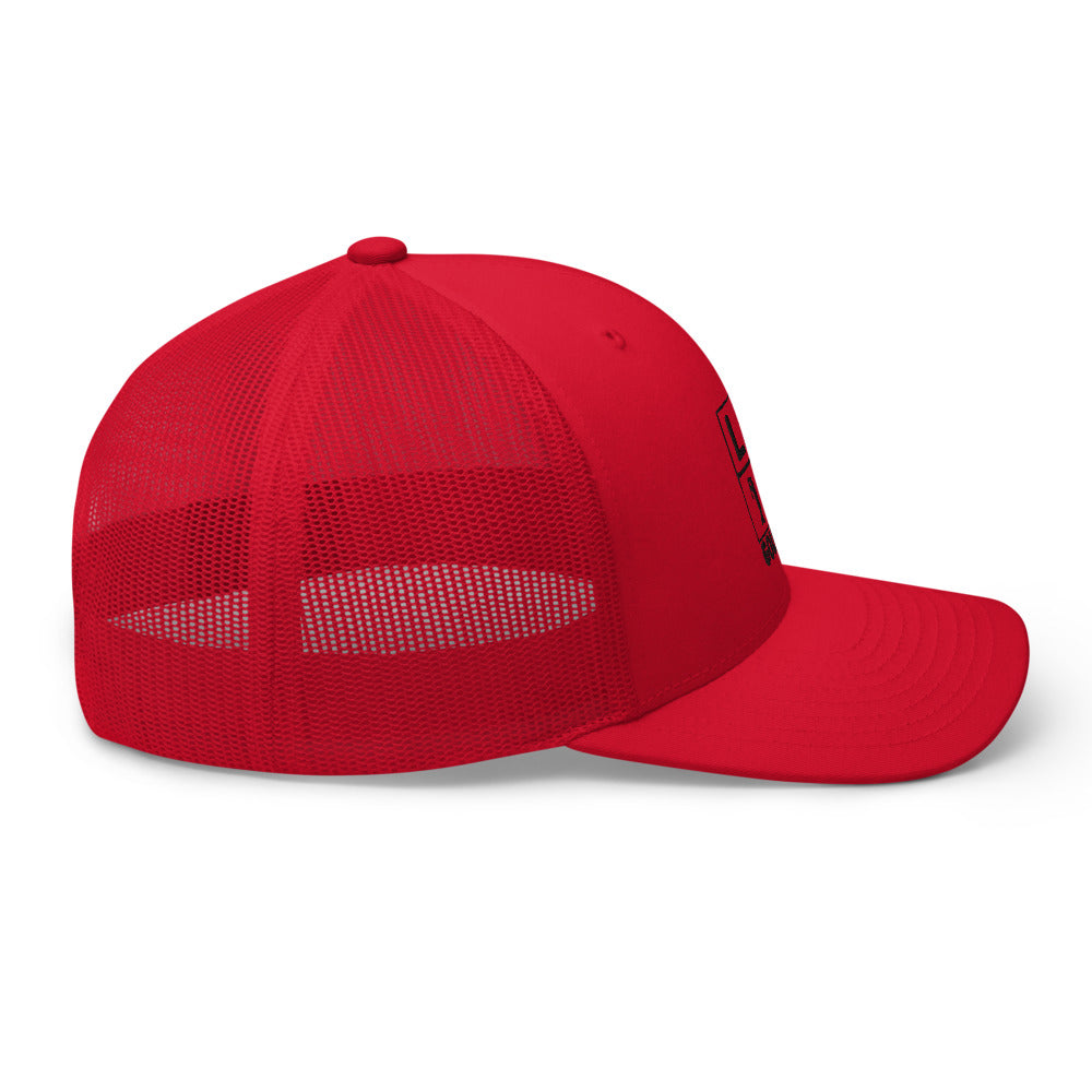 Four Box Logo Trucker Hat — Mesh-Back Snapback Cap (Black Logo)