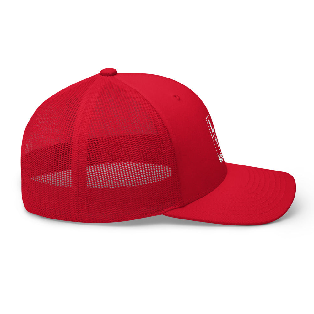Four Box Logo Trucker Hat — Mesh-Back Snapback Cap (White Logo)
