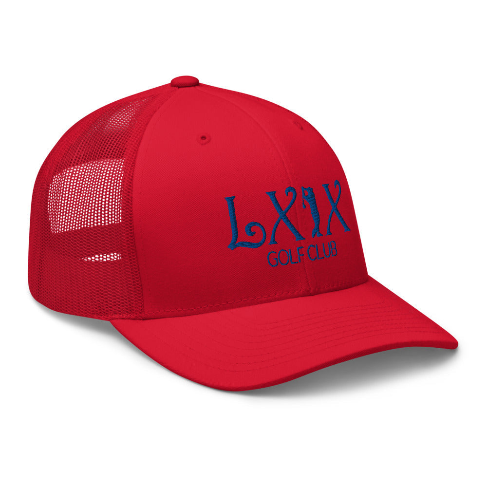Curve Logo Trucker Hat — Mesh-Back Snapback Cap (Blue Logo)