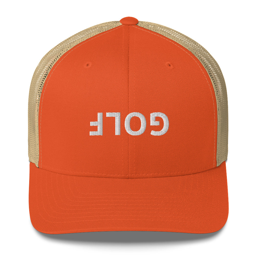 Upside Down Golf Trucker Hat — White Logo Snapback Cap