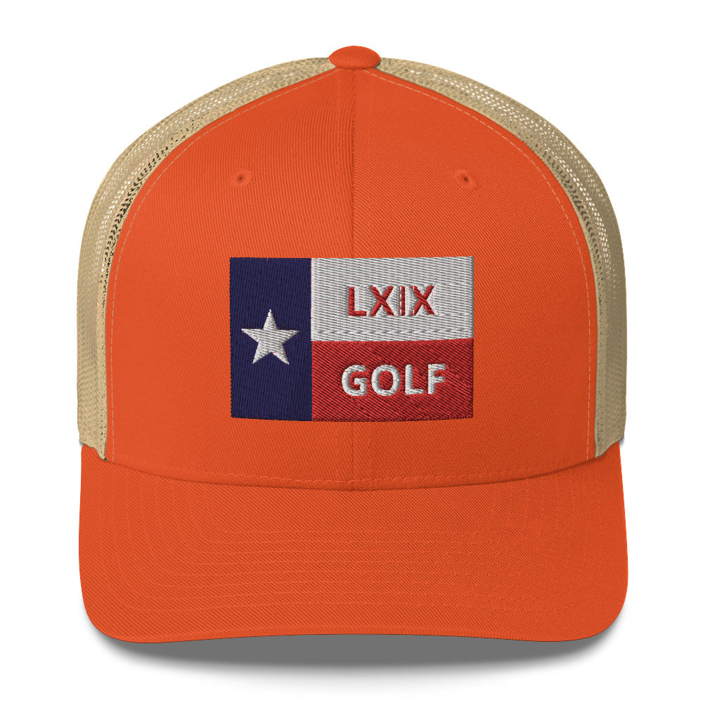 Texas Flag Golf Trucker Hat — Mesh-Back Snapback Cap