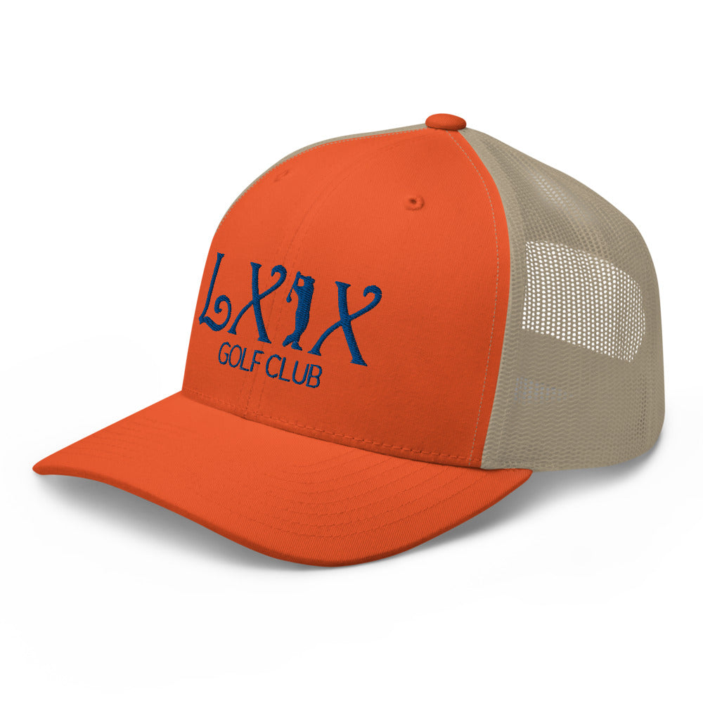 Curve Logo Trucker Hat — Mesh-Back Snapback Cap (Blue Logo)