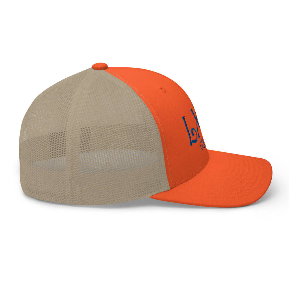 Curve Logo Trucker Hat — Mesh-Back Snapback Cap (Blue Logo)