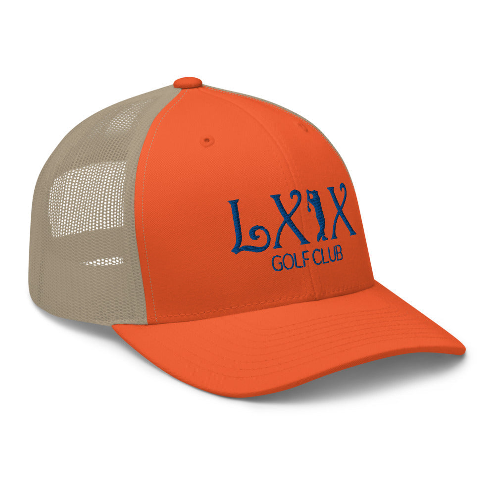 Curve Logo Trucker Hat — Mesh-Back Snapback Cap (Blue Logo)