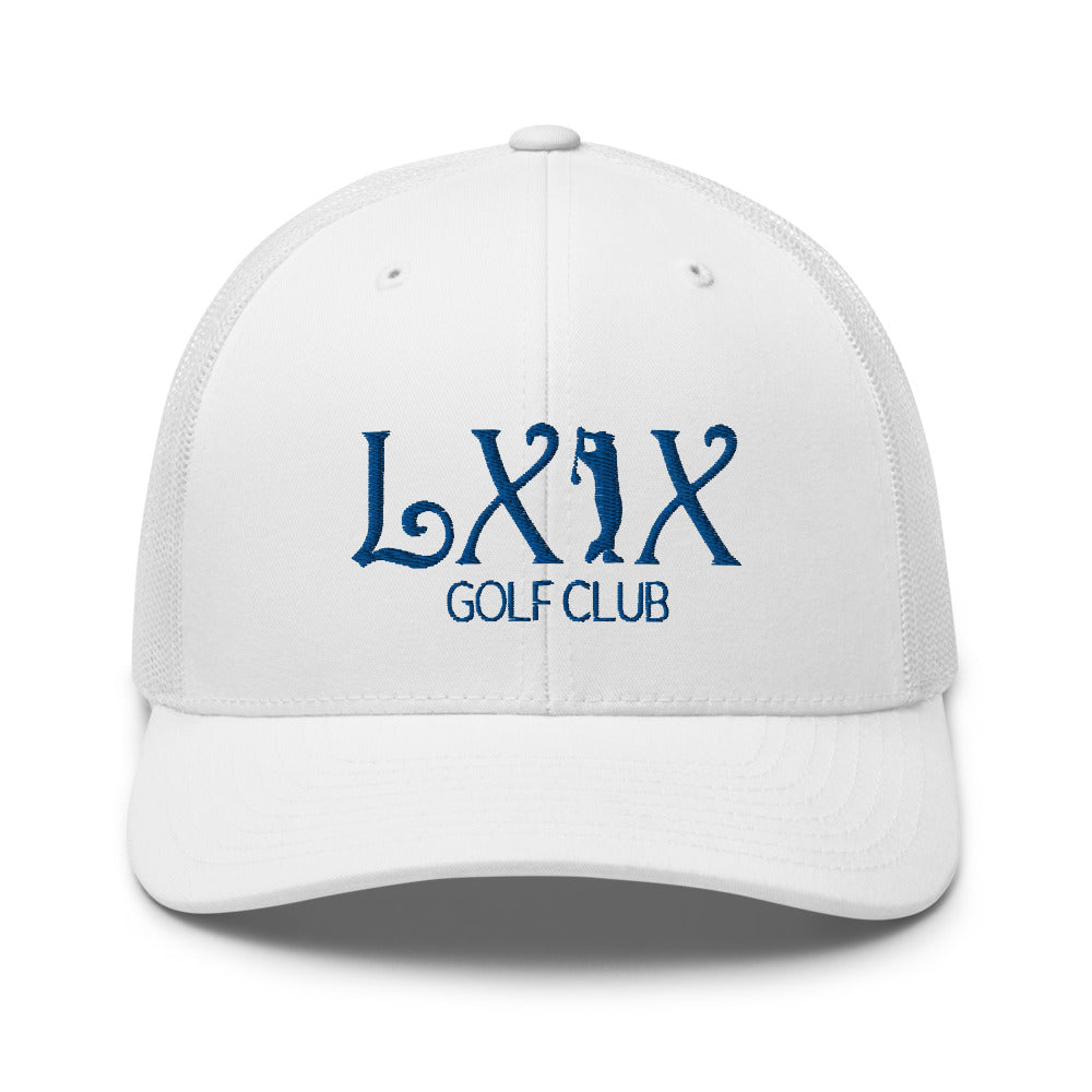 Curve Logo Trucker Hat — Mesh-Back Snapback Cap (Blue Logo)