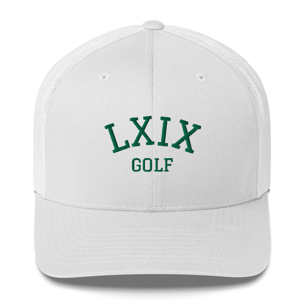 LXIX Collegiate Arch Trucker Hat — Green Logo Snapback