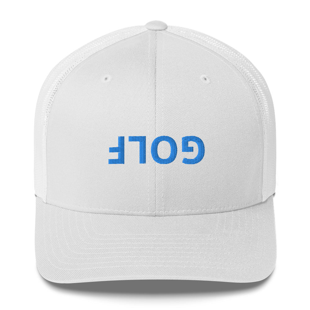 Upside Down Golf Trucker Hat — Light Blue Logo Snapback Cap