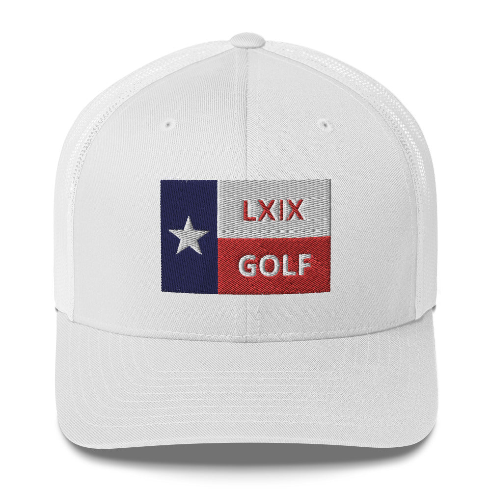 Texas Flag Golf Trucker Hat — Mesh-Back Snapback Cap