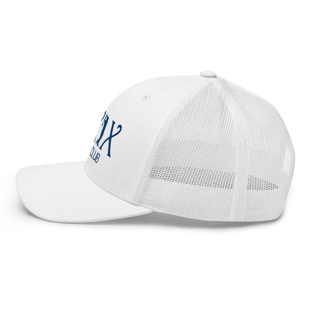 Curve Logo Trucker Hat — Mesh-Back Snapback Cap (Blue Logo)