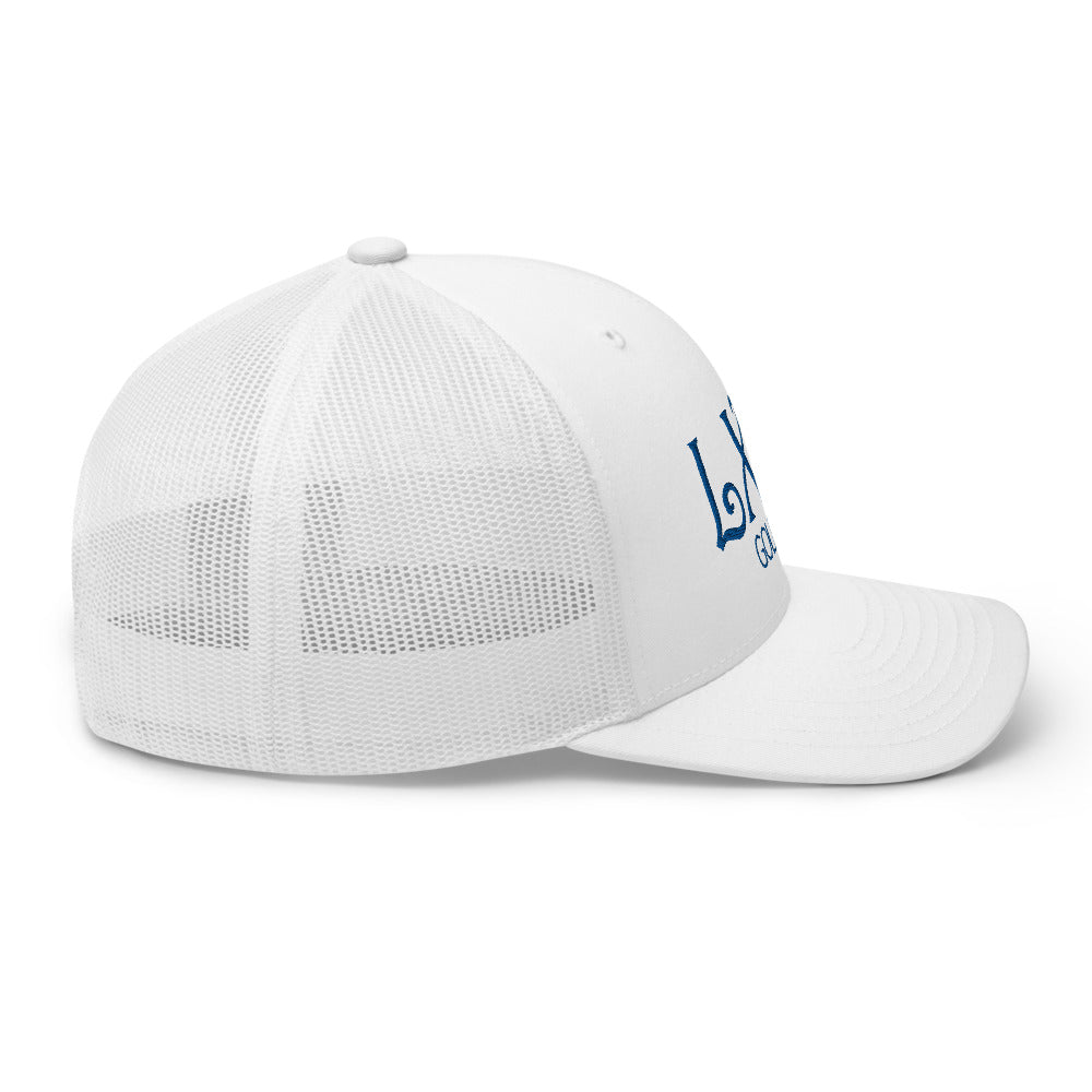 Curve Logo Trucker Hat — Mesh-Back Snapback Cap (Blue Logo)