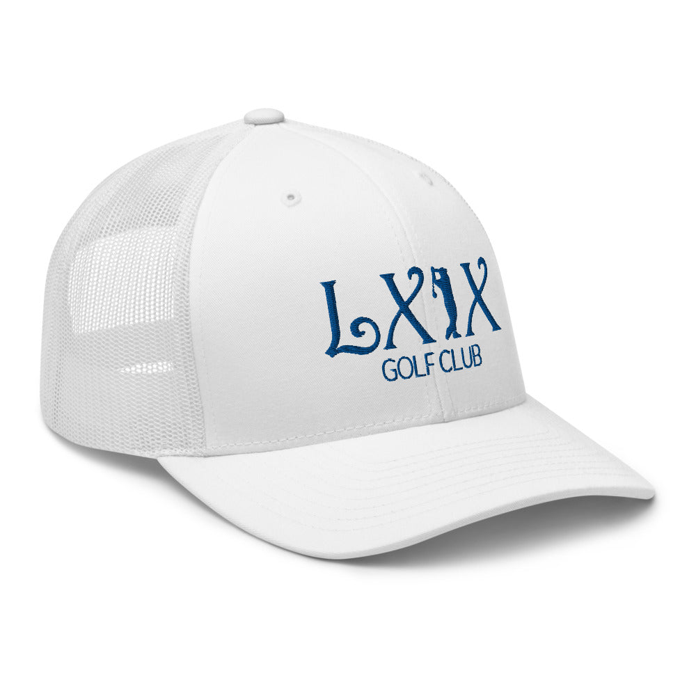 Curve Logo Trucker Hat — Mesh-Back Snapback Cap (Blue Logo)