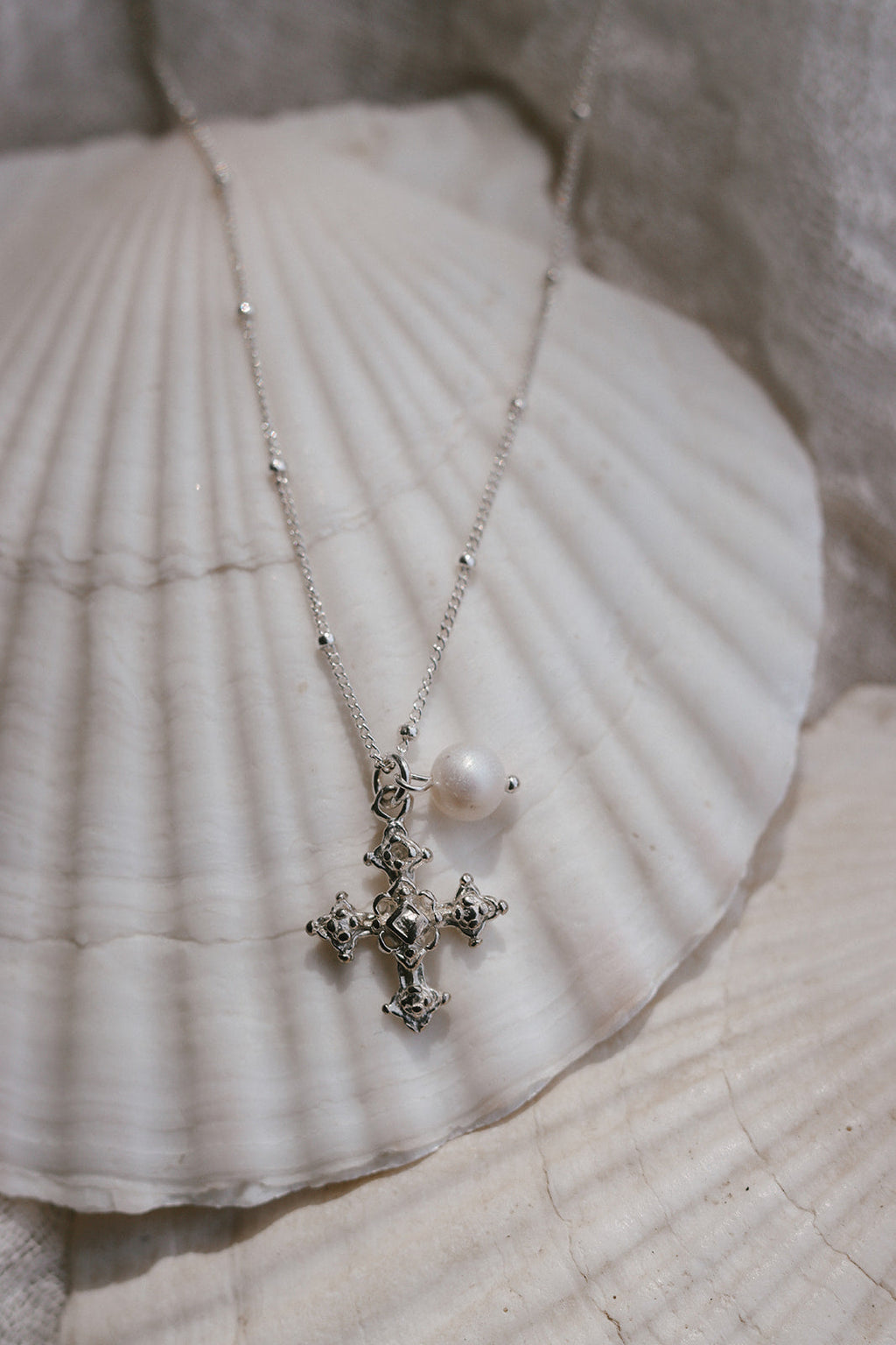 Coptic Cross & Pearl Necklace in Silver