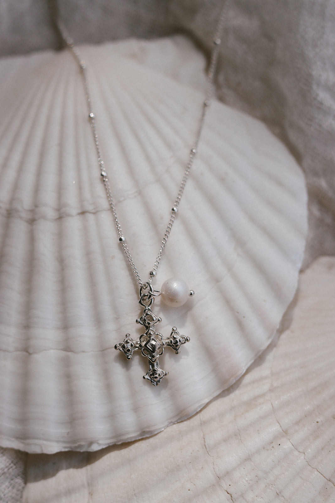 Coptic Cross & Pearl Necklace in Silver
