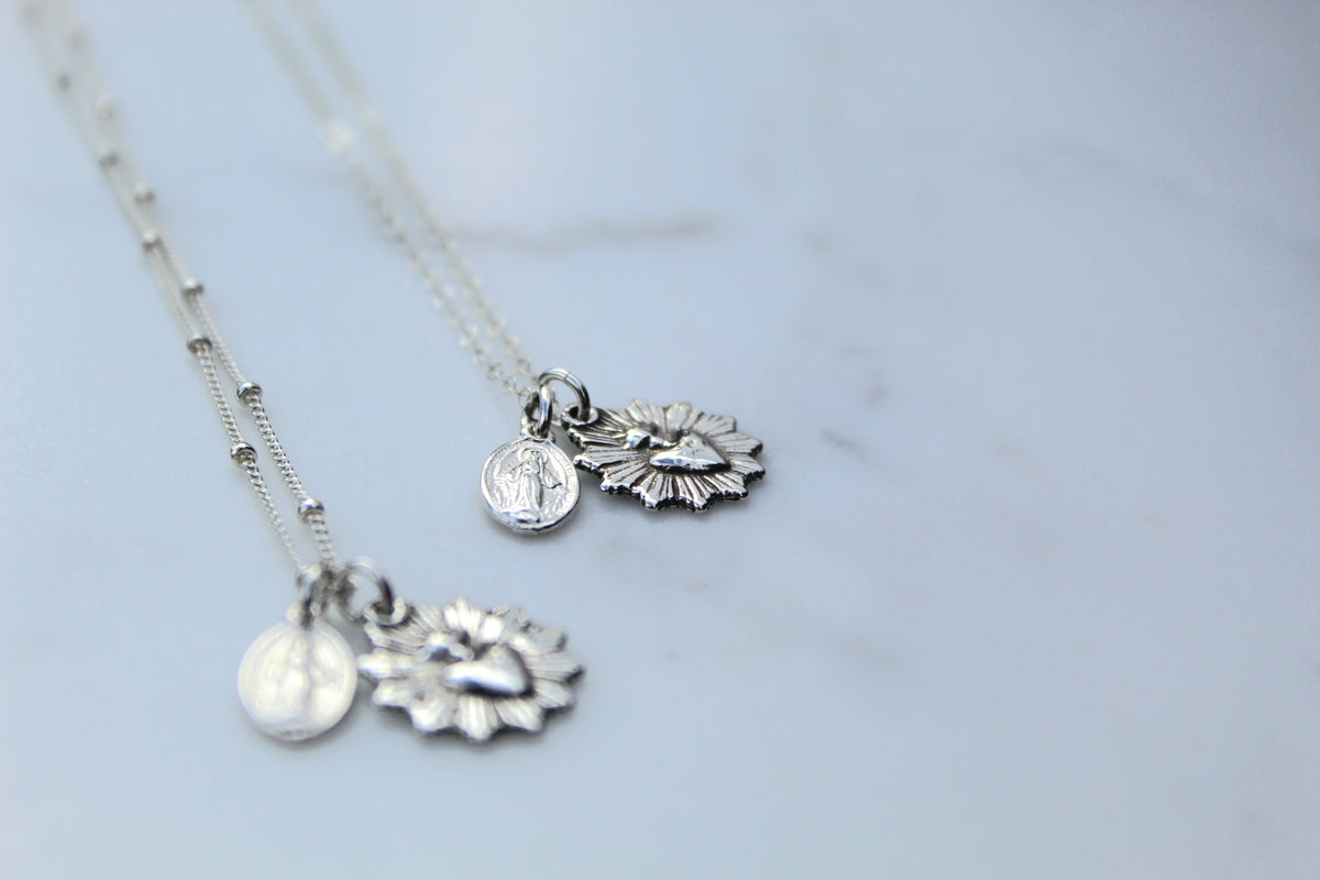 Most Sacred Heart and Miraculous Medal Necklace in Silver