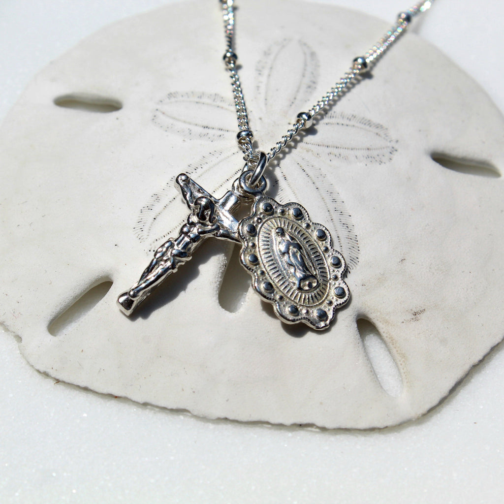 Our Lady of Guadalupe Scalloped and Crucifix in Silver